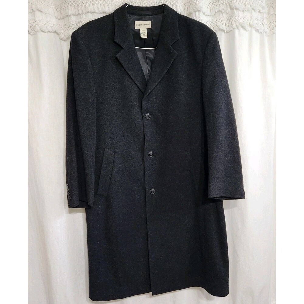 Mens Charcoal Gray Wool Blend Overcoat Top 3-Button Car Coat 44 Short Dress Coat